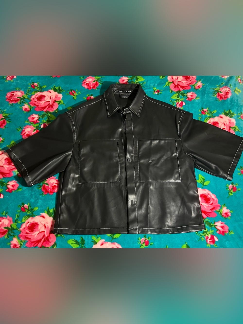 Zara Black Faux Leather Jacket with White Topstitch